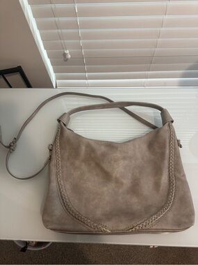 Gray Vegan Leather Distressed Braided Hobo Big Shoulder Bag Crossbody Neutral